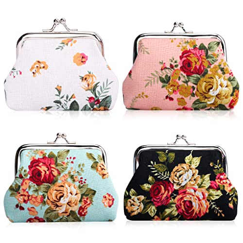 Image of Oyachic 4 Packs Coin Pouch Canvas Card Purse Clasp Closure Rose Pattern Wallet Christmas Birthday Gift 4.7 inchL X 3.5 inch H inch (4 pack Rose)