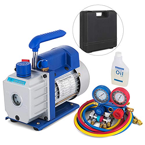 SHZOND Vacuum Pump 3.5CFM 1/4HP Single Stage Air Vacuum Pump HVAC with R134A Kit AC A/C Manifold Gauge Set