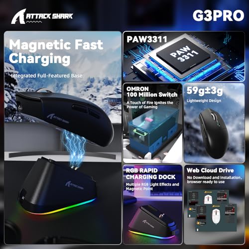 Image of MAMBASNAKE ATTACK SHARK G3PRO Wireless Gaming Mouse,Tri-Mode,Bluetooth /2.4G /USB,59g Ultra Lightweight,25K DPI,100M Clicks Switches,RGB Magnetic Charging Dock,PAW3311 Sensor,BK52820 Chip-Black