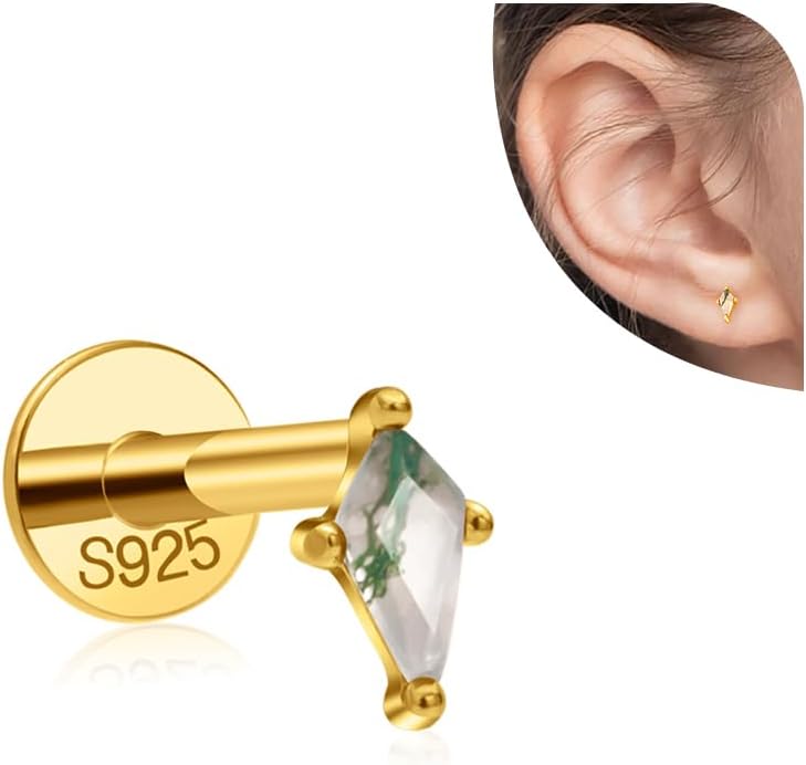 14K Gold Plated Solid 925 Sterling Silver Post Natural moss Agate Stud Flat Back Earrings for Women | Cartilage Earring | Helix Piercing Jewelry | Small Stud Earrings for Women