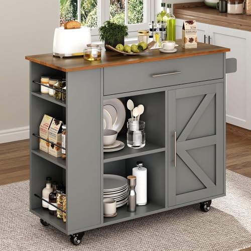 4 EVER WINNER Kitchen Island cart on Wheels with Storage, Kitchen Island with Spice Rack & Towel Rack, Rolling Kitchen Island with Open Shelves, Portable Island with Drawer, Grey