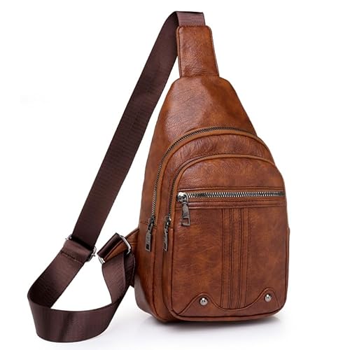 Bzoinien Sling Bags Shoulder Bag Crossbody Bags Chest Bag for Mens PU Leather Casual Side Small Cross Body Backpack, Dark Brown