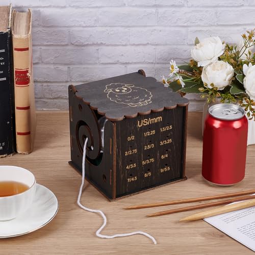 Image of FINGERINSPIRE Wooden Yarn Box 5.5x4x5.4inch Coffee Color MDF Wood Yarn Bowl with Crochet Hook Measuring Hole Multifunctional Detachable Knitting Tool Storage Box Knitting Organizer for Yarn