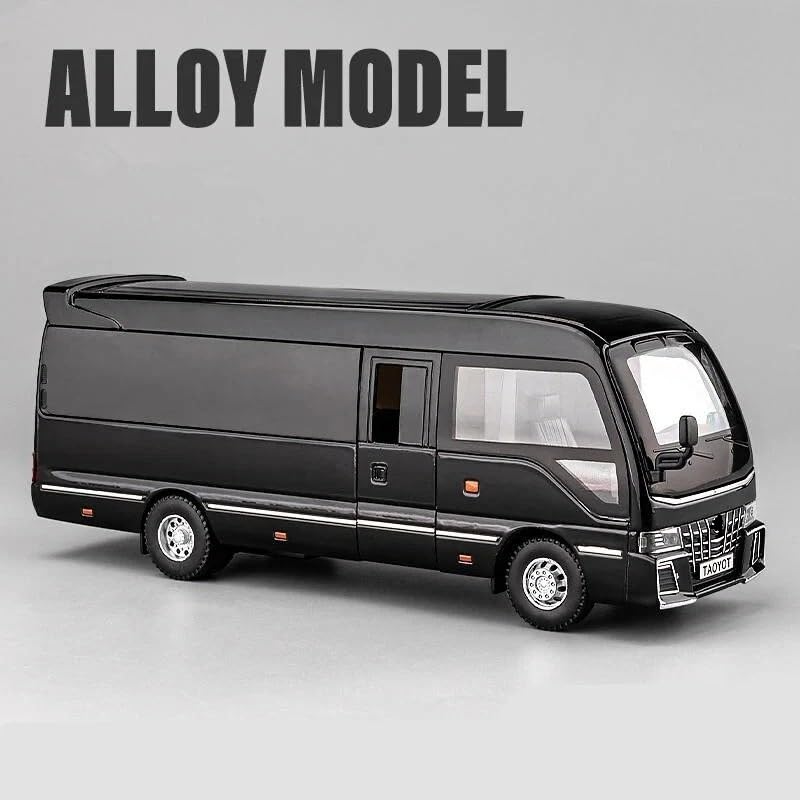 Image of 1.32 Scale Toyo ta Coaster Bus Exclusive Alloy Metal Pull Back Die-cast Model with Sound Light Mini Auto Toy for Kids Metal Model Toy with Sound and Light. (1.32 Scale -Black)
