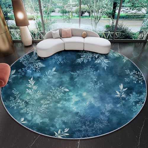 Alfombra Redonda Antideslizante 90 cm - Gris Oscuro Azul Alfombra Redonda Estampada de Franela Botánico Hojas Texturas De Acuarela, Esponjoso Suave Alfombras para Sala de Estar Entrada