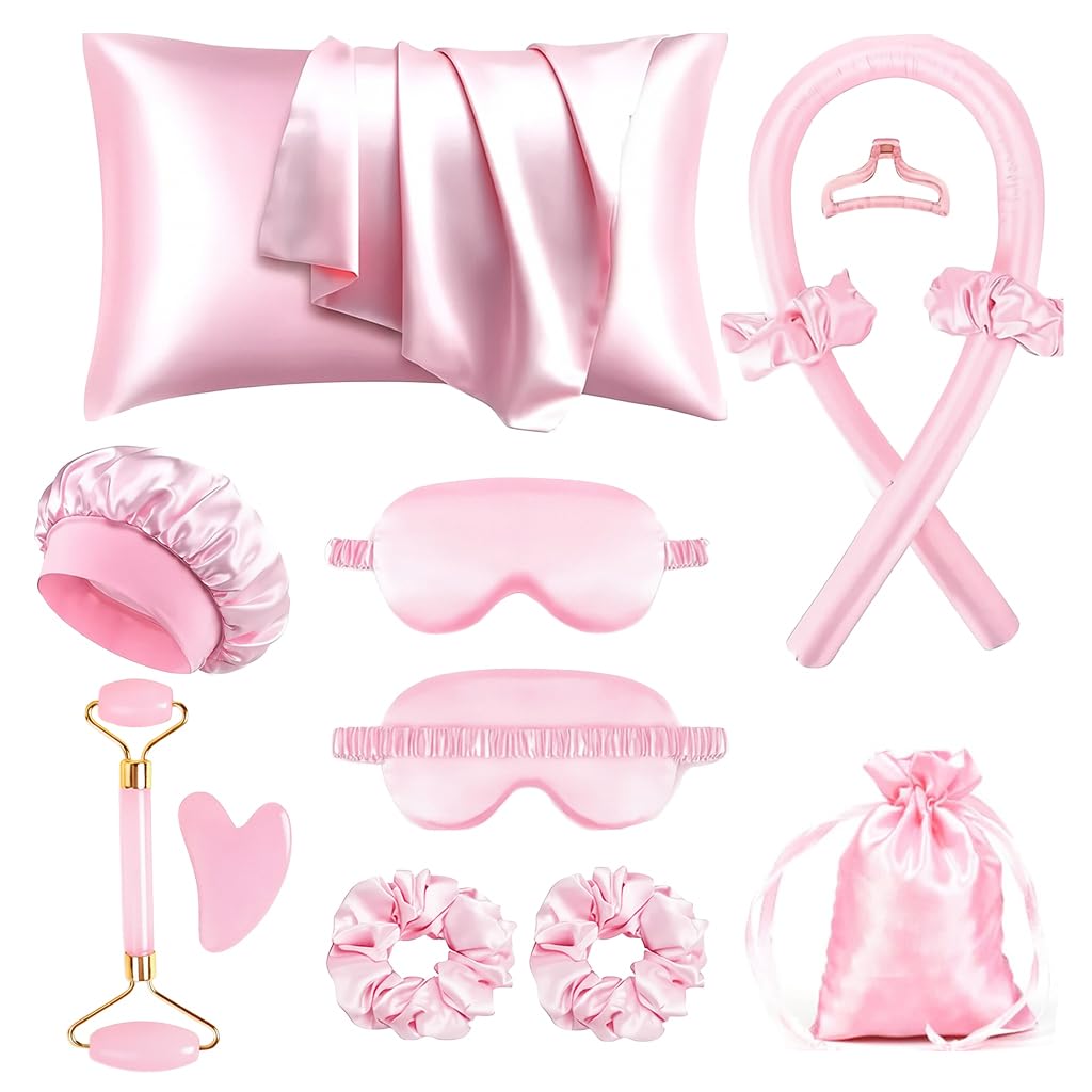 12pcs Sleep Hairstyling Tool Set,Curling Iron Set,Facial Massager Hairband Soft Sleep Mask And Satin Cap For Hairstyling And Queen Satin Storage Bag Women 'S Facial Roller-image-38