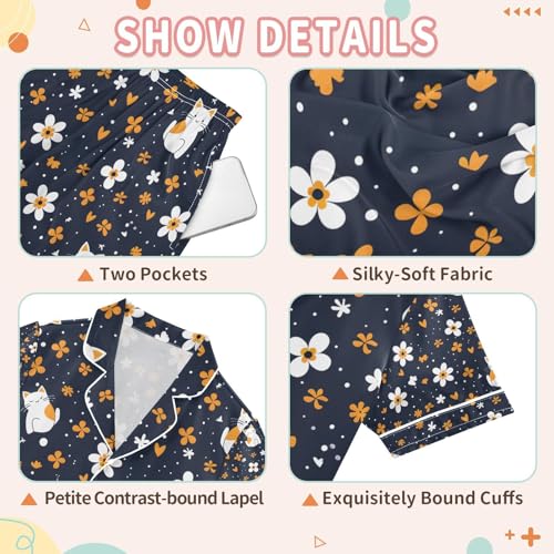 senya Cartoon Cat and Flower Satin Summer Pajama Sets Silk Short Sleeve Button Down Sleepwear3