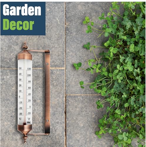 Image of Outside Thermometer with Bronze Effect Design - Stylish 9.5 Inch Decorative Outdoor Thermometer Waterproof Suitable for Outside Wall Garden Greenhouse Patio Garage
