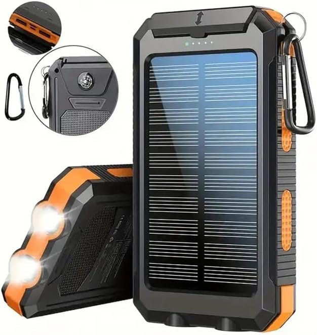 10000mAh Solar Charger Portable Power Bank, Portable Solar Mobile Phone Charger, Camping External Battery Charger for Mobile Phones, 2 USB/LED Flashlights with Compass for Outdoor Activities