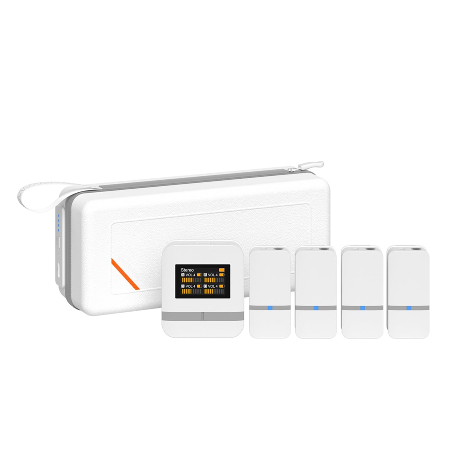 Bezprzewodowy system mikrofonu krawatowego 2,4 GHz, klips na mikrofon z dużym ekranem, zasięg transmisji 200 m, redukcja szumów, czas trwania 16 h z odbiornikiem + 4 nadajniki + pudełko