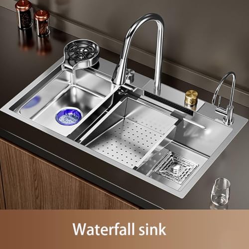 Image of LUXART Waterfall Anti-Scratch Silver Multifunctional Kitchen Sink - 30x18x9 Inch Honeycomb Design Multifunction Sink With Pull Down Faucet, Cup washer & Drain Baskets | Stainless Steel Kitchen Sink