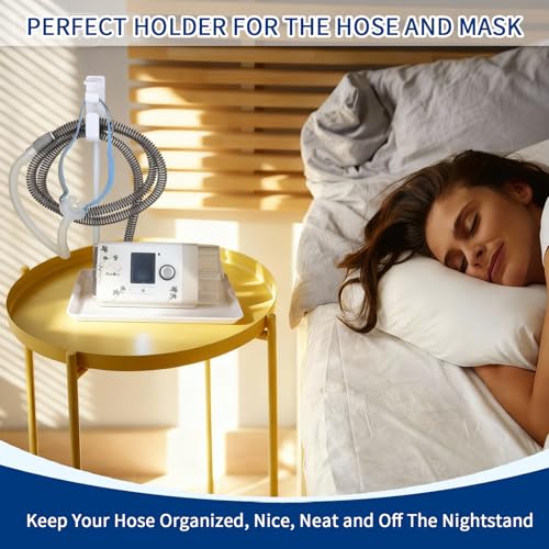 Image of Bedside Retractable CPAP Hose Holder - (Wall-Damage-Free) White Adjustable Height Hook for Hanging Mask & Tubing to Keep CPAP Supplies Tidy & Boosts Sleep Quality