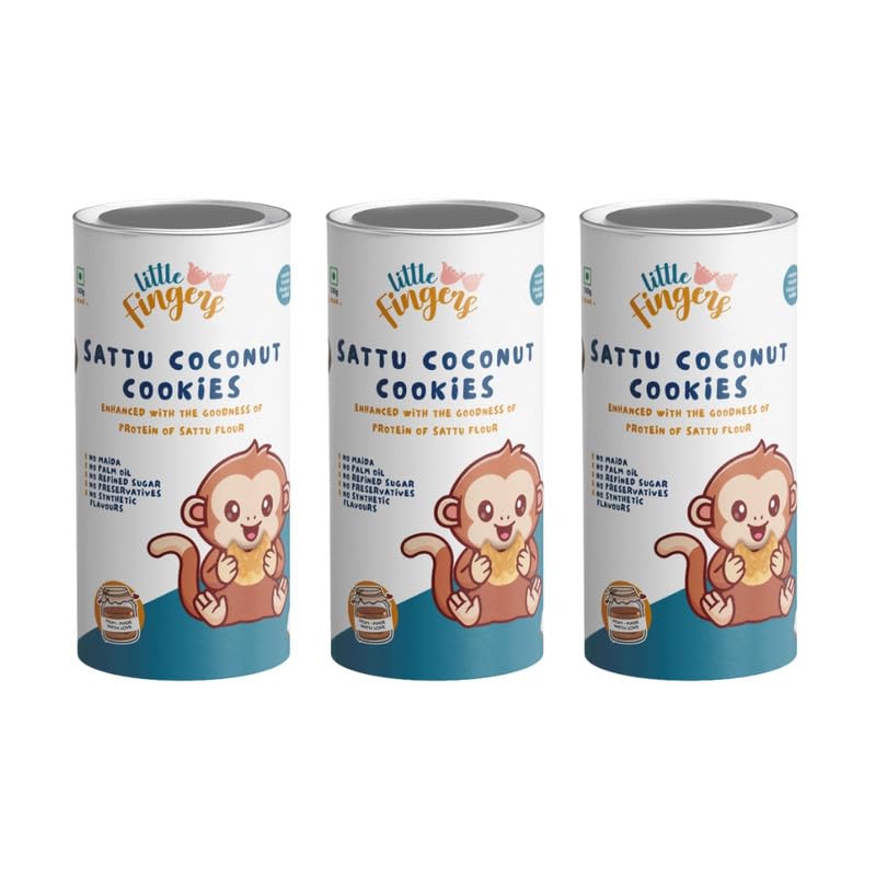 LITTLEFINGERS Organic Cookies With No Refined Sugar And Preservatives For Kids - 150 Gram | Suitable For 1 years + (SATTU COCONUT COOKIES, Pack Of 3)