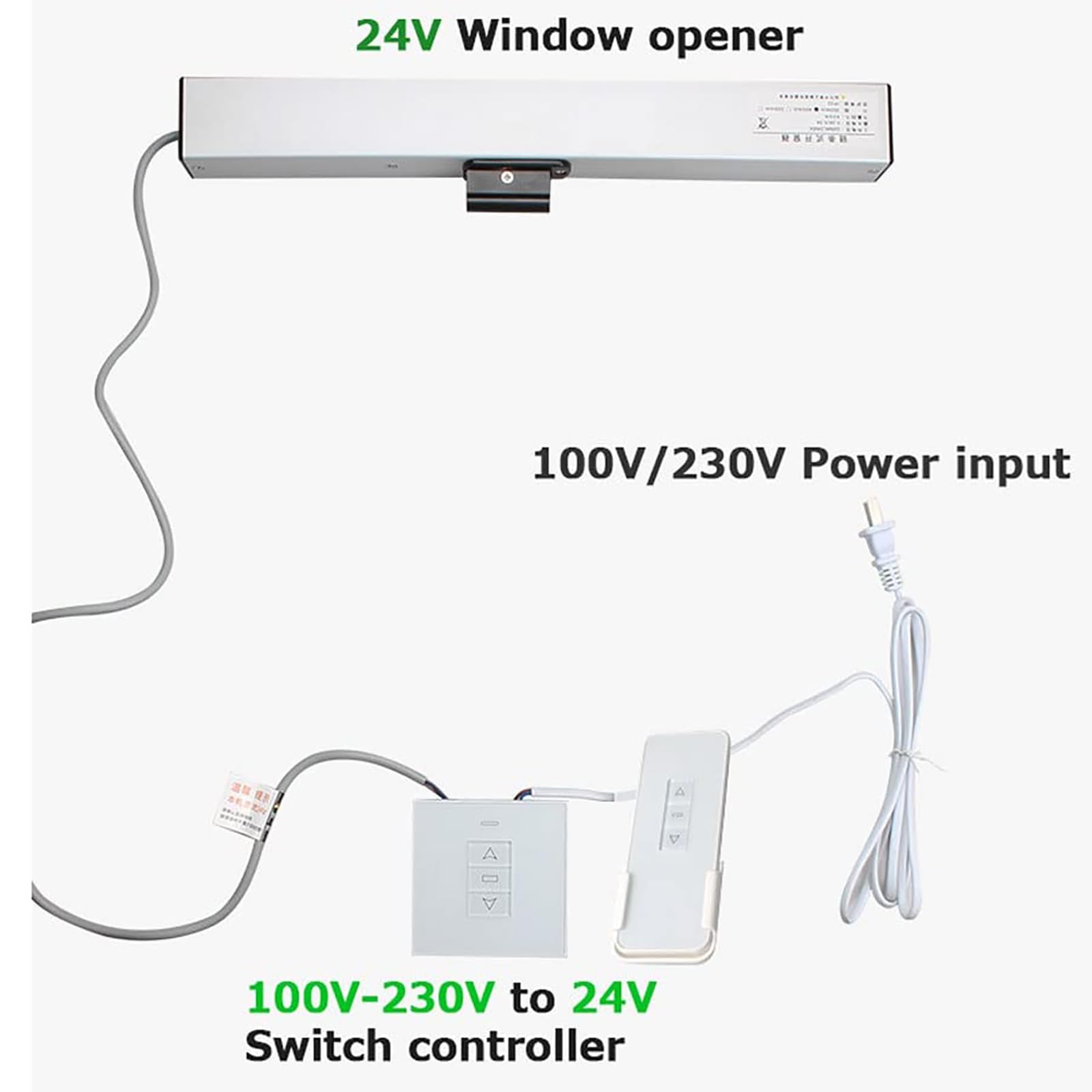 Abridor de Ventanas automático (300-1000 mm), con Interruptor de Pared y Control Remoto, diseño de Doble Cadena, protección IP32, bajo Nivel de Ruido, para Ventanas abatibles, 700 mm