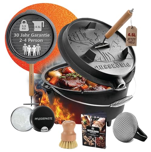 GUSSKÖNIG Dutch Oven Set – Eingebrannter Dutch Oven 4,5L - Feuertopf Gusseisen mit Füße – Schmortopf Doppelfunktion – 2in1 Deckelheber, Schrubber, Pflegepaste, Bürste & Rezeptbuch - 30 Jahre Garantie