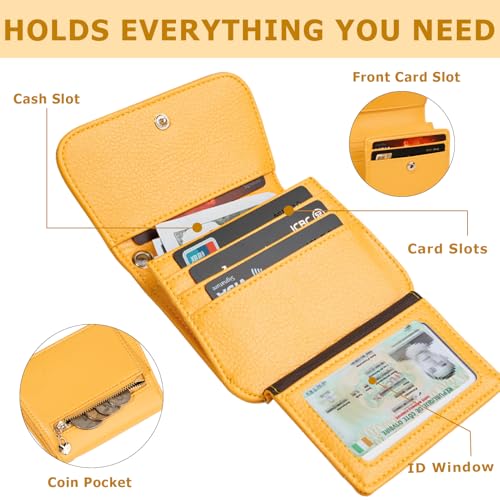 Image of Women Small Wallet RFID Blocking Slim Wallet with Coin Pocket Tri-Fold Credit Card Holder with ID Window and Keychain(Light Yellow)