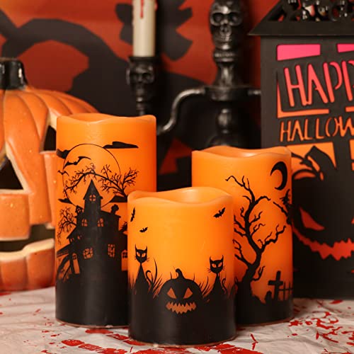 Image of Wondise Halloween Flickering Flameless Candles with 6 Hour Timer, Battery Operated LED Real Wax Candles Set of 3 Halloween Home Decoration Gifts(3 x 4 5 6 Inch)