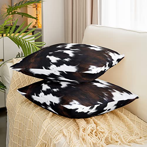 Cow Fur Printed Throw Pillow Covers 16"X16" Set Of 2 Farmhouse Cowhide Print Cow Skin Pillow Cases Cushion Covers For Living Room Bedroom Rustic Wild Animal Decorative Throw Pillowcases For Sofa Couch #TOP2