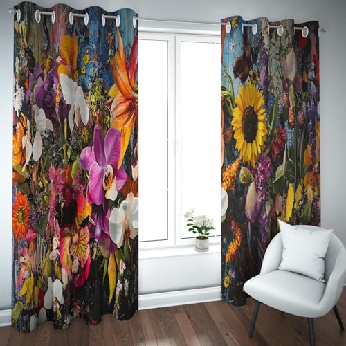 PARREN Estética Moderna Cortinas Térmicas Ojal Girasol Iris Campo Floración Cortinas Opacas para Cocina Dormitorio Niños Salón W140xL260cm 2 Paneles
