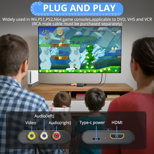 Image of CAMWAY Upgraded RCA to HDMI Converter - Higher Quality Images 16:9 /4:3 Conversion 1080P AV to HDMI Adapter for Wii /PS1 /PS2 /N64 /X-box /DVD /VCR,Mini Composite CVBS Video Audio Converter Supports PAL,NTSC