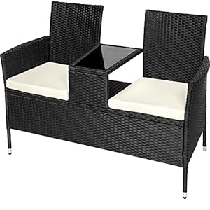 TecTake – polyrotan tuinbank met tafel – 2-zitsbank – 131 x 61 x 82 cm – zitbank voor tuin balkon en terras, tuinbank incl. zitkussen- div kleuren