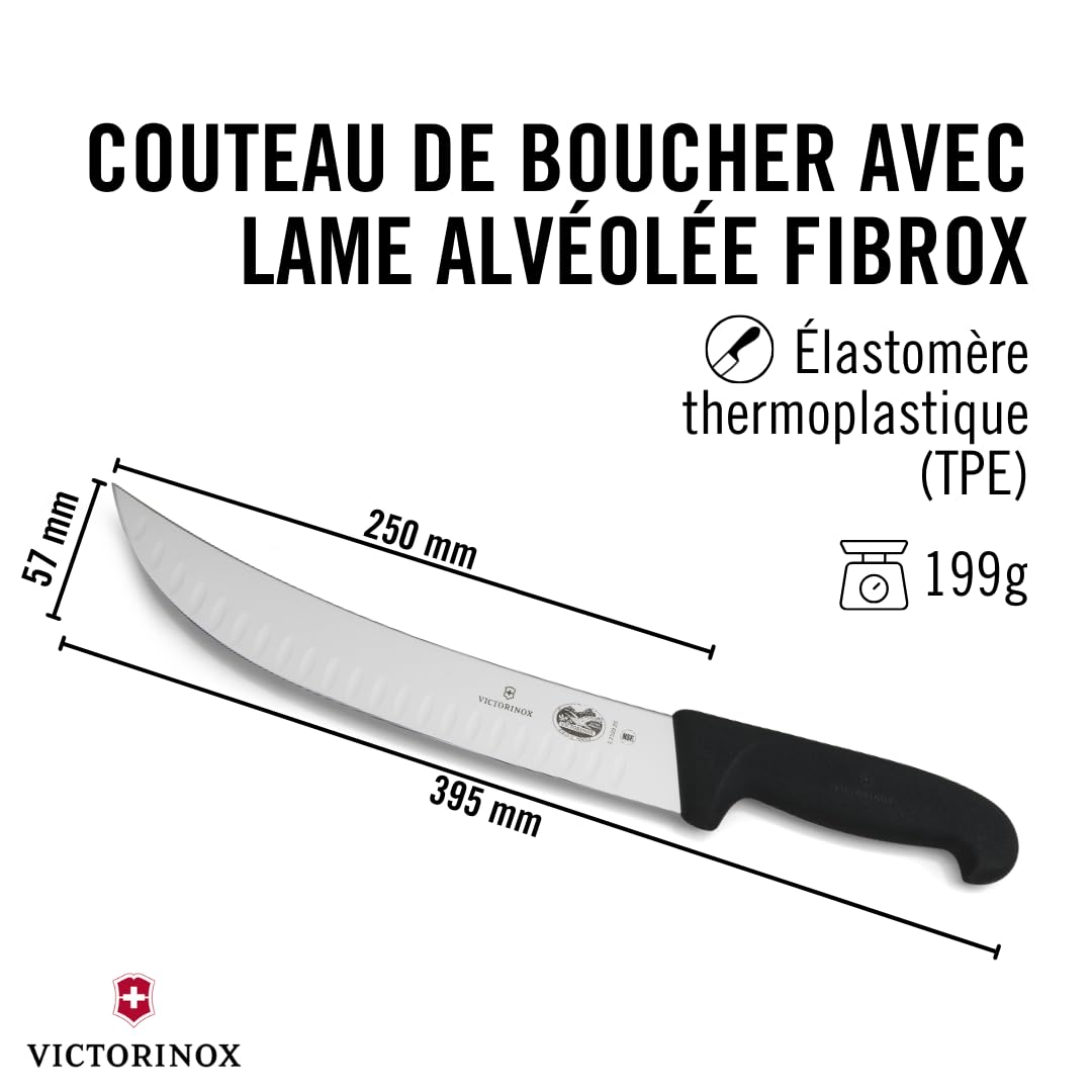 Victorinox Fibrox Couteau cimeterre avec lame alvéolée, Couteau de boucher tranchant pour gros morceaux de viande, 25 cm, Lame incurvée, Inox, Noir