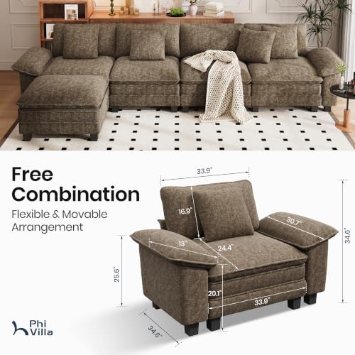 Image of PHI VILLA Oversized 5-Seat Modular Sectional Sofa L Shaped | Chenille Grayish Brown, Wider Armrest, Comfy Deep Seat, Solid Wood Frame, Oversized Modern Cloud Couches for Living Room
