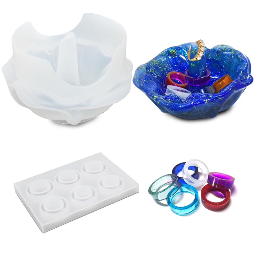 SENHAI - Molde de resina para anillos en forma de rosa y molde de anillo de resina de silicona, para anillos de bricolaje, soporte de anillos, plato de joyería, soporte de exhibición de anillos
