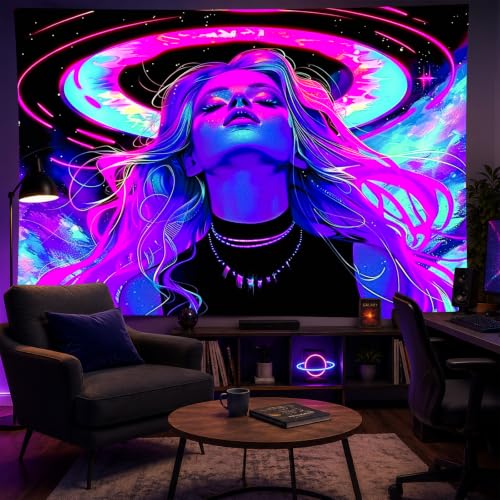 Image of BlissYard Blacklight Tapestry Bedroom Anime Girl Blacklight Tapestry 78x59 Inch Aesthetic UV Reactive Purple Tapestries Glow In The Dark Art Wall Hanging Poster Room Bedroom Party Backdrop Decor