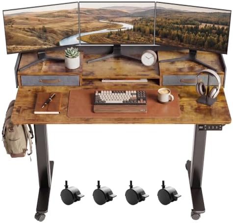 Claiks Standing Desk with Drawers & Wheels, 2 Height Shelf 48" Ru...