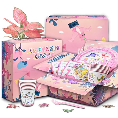 Image of 150 pcs Dinosaur Birthday Party Supplies For Girls (Serves 12), Pink Dinosaur Party Decorations, 50 pcs Latex Balloons, 12 sets Tableware, Plates, Tablecloth, Installation Tools