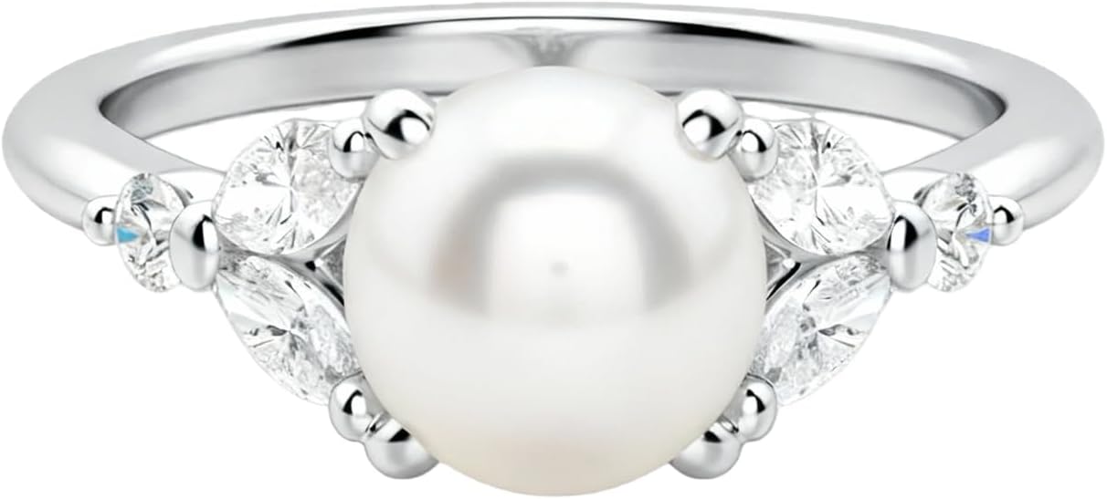 8mm Round Pearl Engagement Rings for Women 10K 14K 18K Gold Natural Tahitian/Akoya/Freshwater Pearl Promise Wedding Anniversary Ring for Her Size 4-15