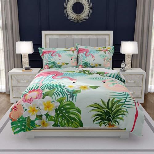 Homemissing Flamants Roses Enfants Housse de Couette 140x200cm Fleurs pour Adolescents Parure de Lit Feuilles Tropicales Sets de Housse de Couette avec 1 taies d'oreiller