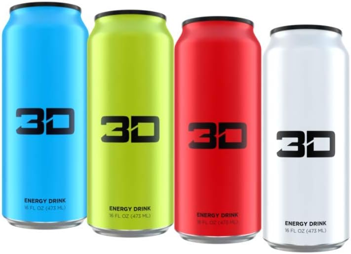 3D Energy Drink | Caffeine, Zero Sugar, Taurine, Panax Ginseng, Inositol, Guarana Seed, L-Carnitine Tartrate, 16 Fluid Ounce | 4 Pack (1 of Each: Blue, Green, Red, White)