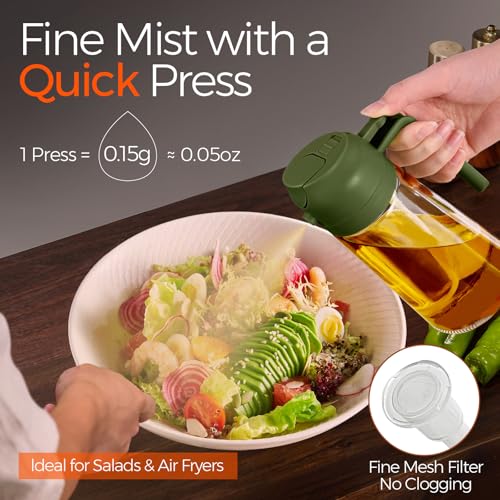 Image of YARRAMATE 16oz /470ml 2 in 1 Oil Sprayer for Cooking with Stickers, Food-grade Glass Oil Dispenser for Kitchen, Salad, Frying, BBQ, Grill (OliveGreen)