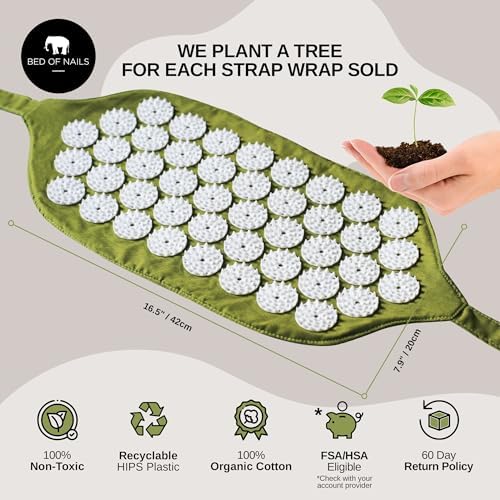 BED OF NAILS Original Acupressure Strap Wrap — 1,848 Pressure Points — On-the-Go Acupuncture Mat Strap for Back Pain Relief — FSA/HSA Eligible, with Carry Bag, 15 x 8”, Green
