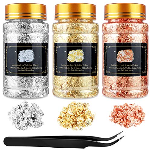 Gold Flakes for Resin Jewelry Making,Gilding Resin Flakes Set 10 Grams Per Colors Gold Foil Flakes Metallic Leaf for Nail Art Painting Crafts with Tweezers