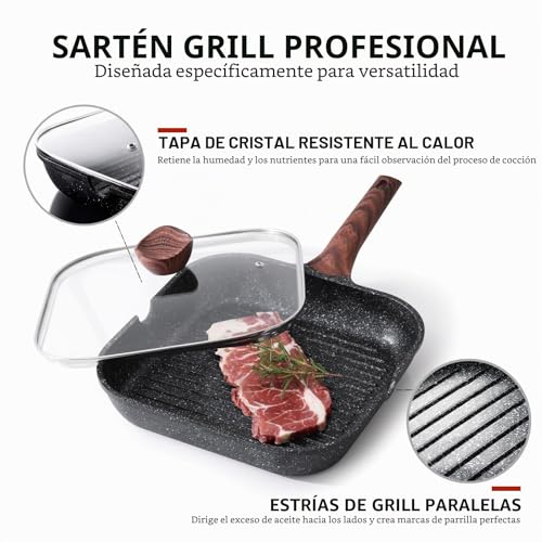 Miniatura 5 de Kordisen Sartén Antiadherente Con Tapa Para Estufas, Sartén Cuadrada De 24 Cm Para Cocinar En Interiores, Sartén Con Revestimiento De Granito Con Boquillas De Vertido, Plancha Versátil