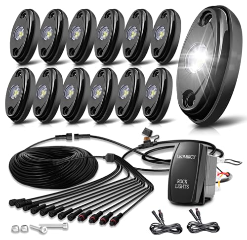 LEDMIRCY R1 Pure White LED Rock Lights Kit with Roker Switch Wire Harness 12PCS High Power Rock Lights White for Trucks Off Road ATV UTV SUV Underglow Trail Rig Light Under Body Waterproof Light
