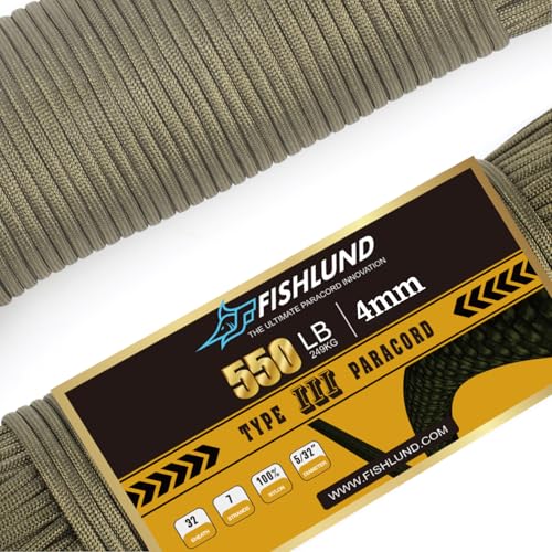 FISHLUND Paracord 550 lb, 7 Strand Paracord Rope 100ft 4mm, Nylon Parachute Cord for Camping, Army...