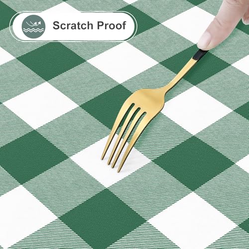 Image of misaya Rectangle Waterproof Vinyl Table Cloth, Buffalo Flannel Backed Tablecloth, Wipeable Plastic Table Cover for Dinner, Kitchen, Outdoor (52 inch x 70 inch, Emerald Green and White)