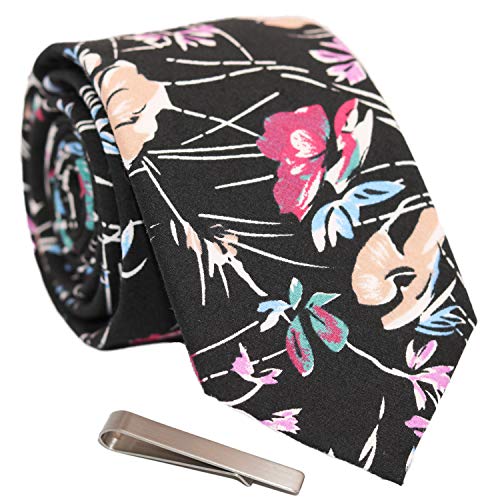Image of Men's Skinny Tie Floral Cotton Necktie and Tie Bar Clip Sets, Great for Weddings,Groom,Groomsmen
