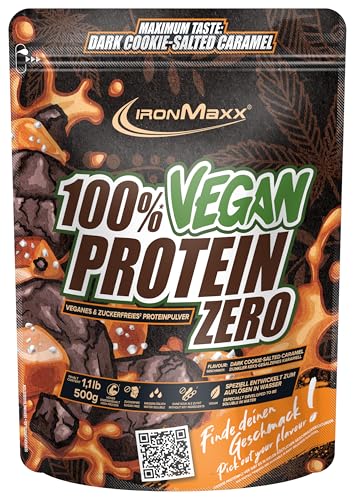 IronMaxx 100% Vegan Protein Zero - Dark Cookie Salted Caramel 500g | Veganes Eiweißpulver ohne Zucker | Low Carb Protein Shake, High Protein, laktosefrei, geeignet für Muskelaufbau & Diät