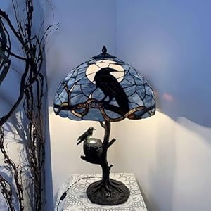 Bieyel10968ravensittingonbaretreebranchinfullmoonnighttiffanystylestainedglasstablelampforhomedecordarkblue16wx24hnest  Urban Country Home Decor Bieye l10968 raven sitting on bare tree branch in full moon night tiffany style stained glass table lamp for home decor dark blue 16wx24h nest  urban country home decor