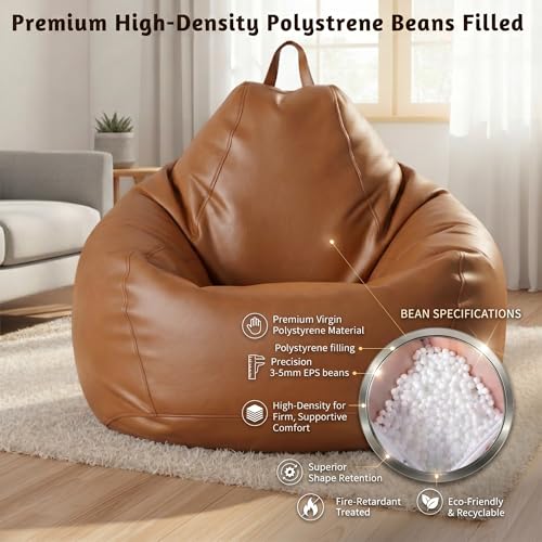 Image of KAM'S LIEU Bean Bag Chair with Footrest & Cushion | Pre-Filled Beans | PVC Leatherette Lounger Sofa | Indoor & Outdoor Bean Bag | 6 Months Warranty Size & Color- (TAN, XXXXXL, Premium)