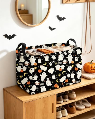 Image of Essme Rectangular Halloween Baskets,Ghost Storage Box,Cute Basket for Kids with Handles for Room Decor, Book Bins,Shelf Basket.(Ghost)