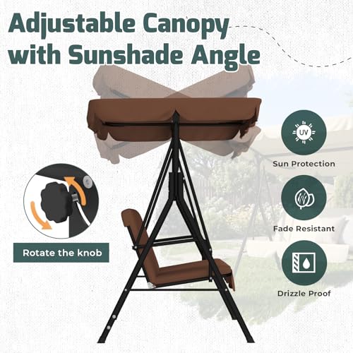 Image of AECOJOY Porch Swing with Stand. 3-Seat Outdoor Clearance Porch Swings for Adults, Outdoor Patio Swing with Adjustable Canopy & Removable Cushion for Backyard, Garden, Yard, Poolside, Balcony (Brown)