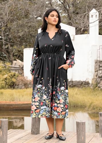 Image of TIYOMI Womens Plus Size Dresses Fall Long Sleeve Maxi Dresses V Neck Floral Spring Party Dress with Pockets XL-5XL (14W-28W)