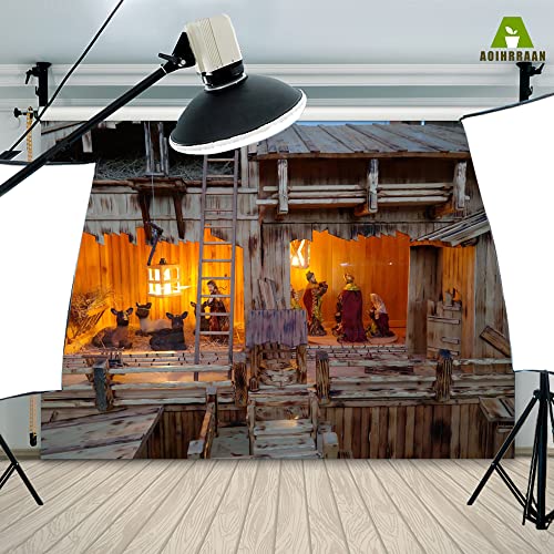 Aoihrraan 3x2m Nativity Scene Photography Backdrop Shabby Wood House Barn Little Sheep Birth of Jesus Night Background Bible Story Church Sanctuary Decoration Christian Pray Photo Studio Props - Image 4