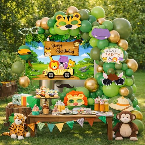 Image of Rozi Decoration Jungle Theme Birthday Decoration Kit Set of 63 Pcs with Banner Flex Backdrop, Green Balloon Garland Kit, Photo Booth Props, Glue Dots and Arch for Kids Safari Theme Birthday Decoration
